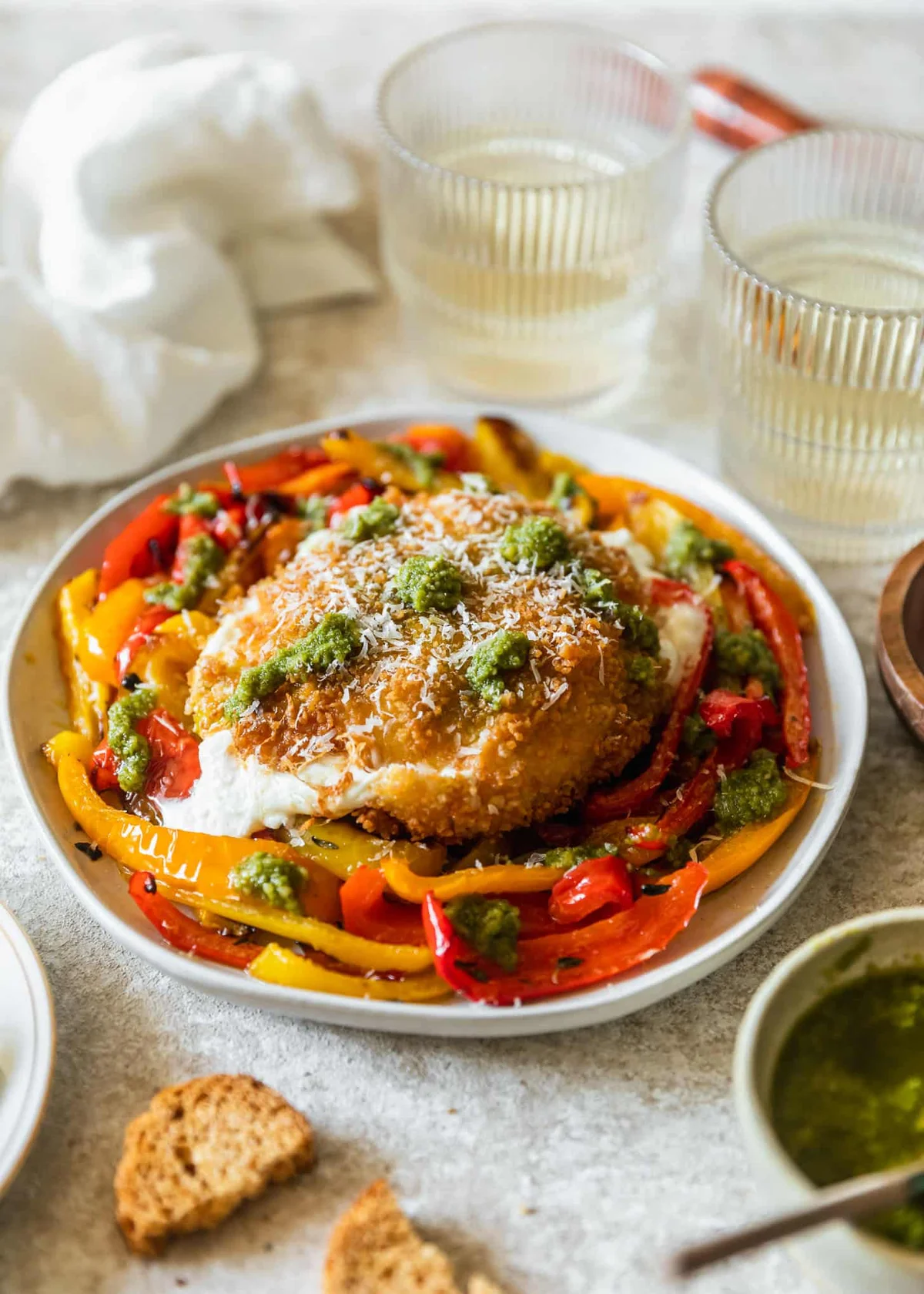 Fried Burrata With Roasted Peppers & Pesto