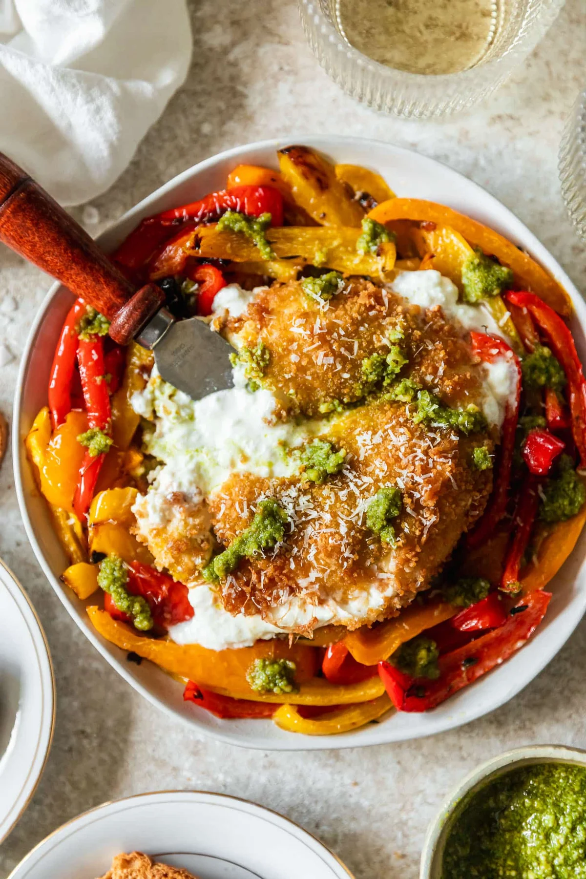 Fried Burrata With Roasted Peppers & Pesto
