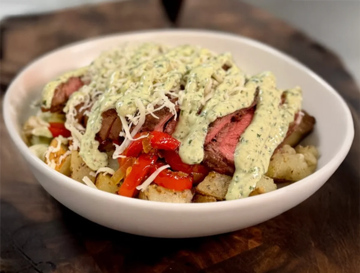 High Protein Steak Bowl with Garlic Herb Yogurt Drizzle