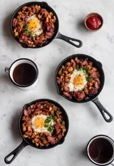 Bacon Hash Skillet With Runny Eggs & Harissa