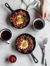 Bacon Hash Skillet With Runny Eggs & Harissa