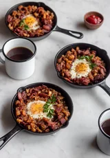 Bacon Hash Skillet With Runny Eggs & Harissa