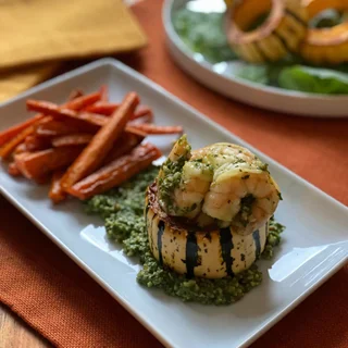 Roasted Delicata Squash Stuffed with Shrimp & Baby Kale Pesto