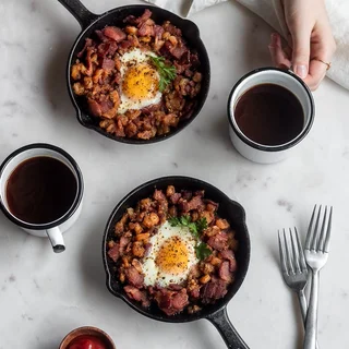 Bacon Hash Skillet With Runny Eggs & Harissa