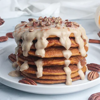 Pumpkin Protein Pancakes with Maple Cream Cheese Glaze (Vegan)