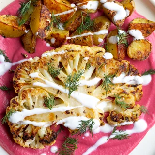 Cauliflower Steaks with Beet Bean Puree