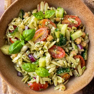 Chickpea Orzo Salad with Pesto