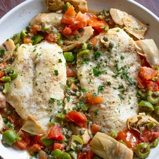 Cod Piccata with Artichokes, Tomatoes and Olives