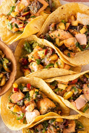 Bang Bang Salmon Tacos With Peach Salsa