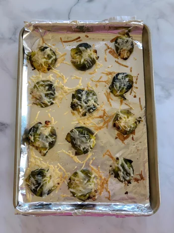 Smashed Brussels Sprouts with Vegan Cheese
