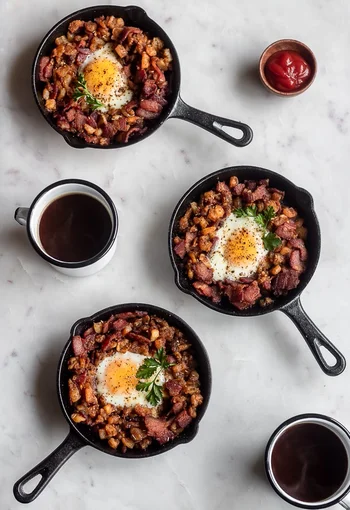 Bacon Hash Skillet With Runny Eggs & Harissa