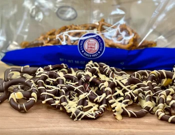 Chocolate-Covered Pretzels with Peanut Butter Drizzle