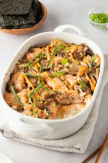 Sushi Bake with Salmon and Mushrooms
