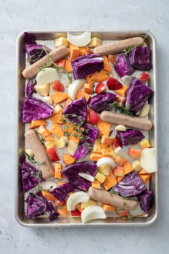 Sheet Pan Sausage with Cabbage and Apples