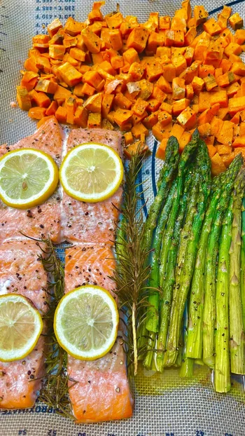 Sheet Pan Salmon with Asparagus and Sweet Potatoes