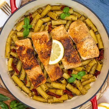 One Pan Salmon Pesto Pasta