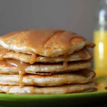 Bisquick Banana Pancakes with Peanut Butter Syrup