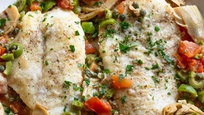Cod Piccata with Artichokes, Tomatoes and Olives